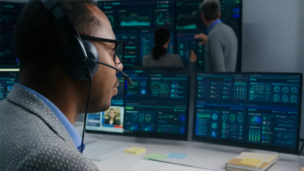 Dans un centre d’infogérance informatique, un opérateur surveillant des écrans de supervision réseau